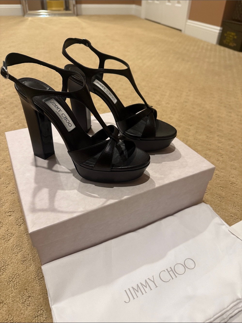 Jimmy Choo Black Leather Platform T-Strap High Heel Sandals